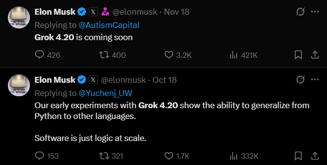 Elon tweet: Grok 4.20 is coming soon