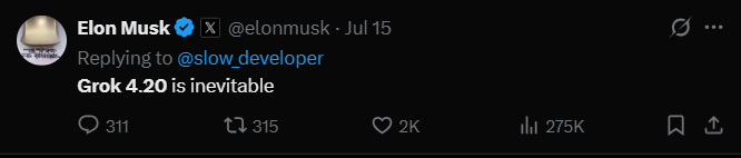 Elon tweet: Grok 4.20 generalize from Python